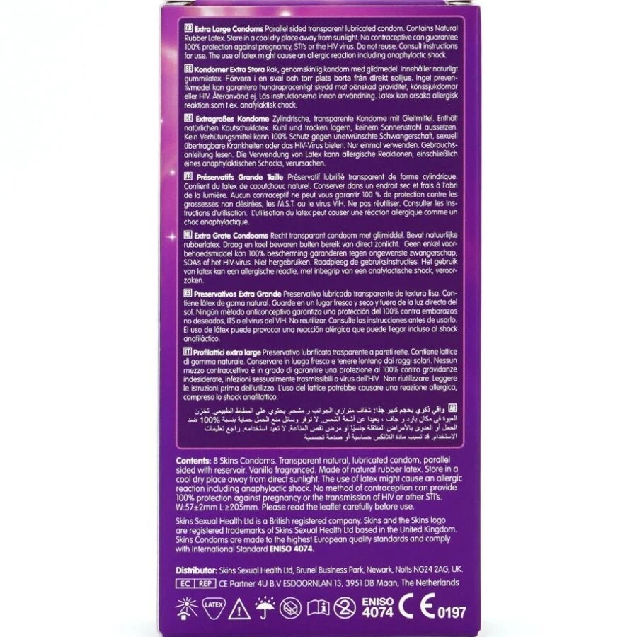 SKINS - PRESERVATIVOS EXTRA GRANDE PREMIUM PACOTE COM 8